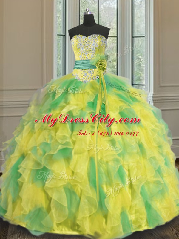 Artistic Halter Top Beading and Appliques and Ruffles and Sashes ribbons and Hand Made Flower Quince Ball Gowns Multi-color Lace Up Sleeveless Floor Length