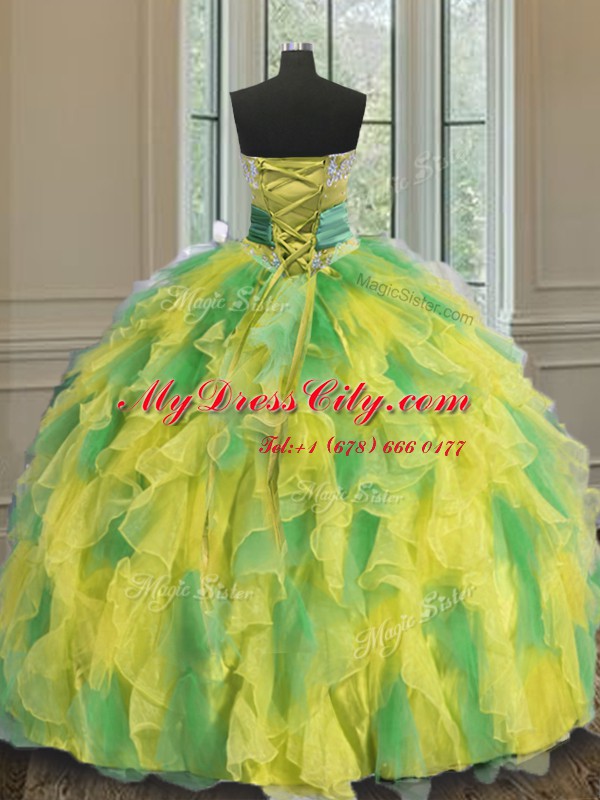 Artistic Halter Top Beading and Appliques and Ruffles and Sashes ribbons and Hand Made Flower Quince Ball Gowns Multi-color Lace Up Sleeveless Floor Length