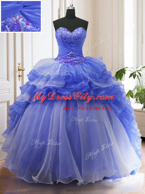 Trendy Sleeveless Court Train Beading and Ruffled Layers Lace Up 15 Quinceanera Dress