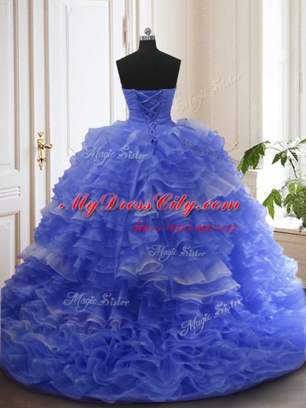 Trendy Sleeveless Court Train Beading and Ruffled Layers Lace Up 15 Quinceanera Dress