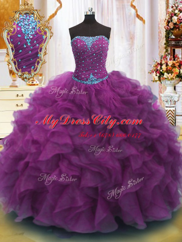 Captivating Strapless Sleeveless Lace Up Quinceanera Gowns Purple Organza