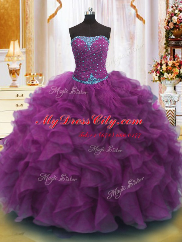 Captivating Strapless Sleeveless Lace Up Quinceanera Gowns Purple Organza