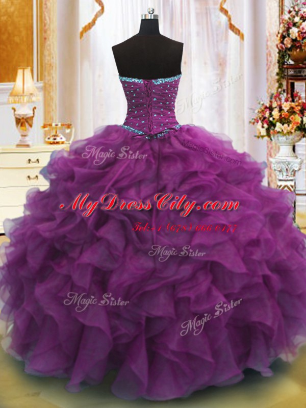 Captivating Strapless Sleeveless Lace Up Quinceanera Gowns Purple Organza