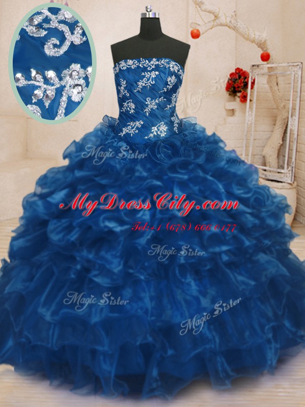 Trendy Sleeveless Organza Floor Length Lace Up Quinceanera Dress in Navy Blue with Beading and Appliques and Ruffles