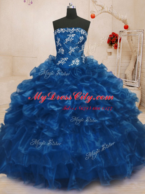 Trendy Sleeveless Organza Floor Length Lace Up Quinceanera Dress in Navy Blue with Beading and Appliques and Ruffles