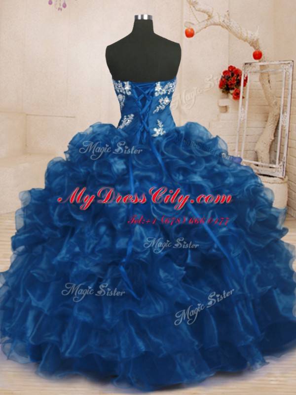 Trendy Sleeveless Organza Floor Length Lace Up Quinceanera Dress in Navy Blue with Beading and Appliques and Ruffles