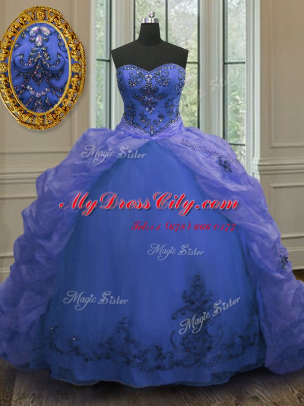 Customized Blue Sweetheart Lace Up Beading and Appliques and Pick Ups Quinceanera Dress Court Train Sleeveless