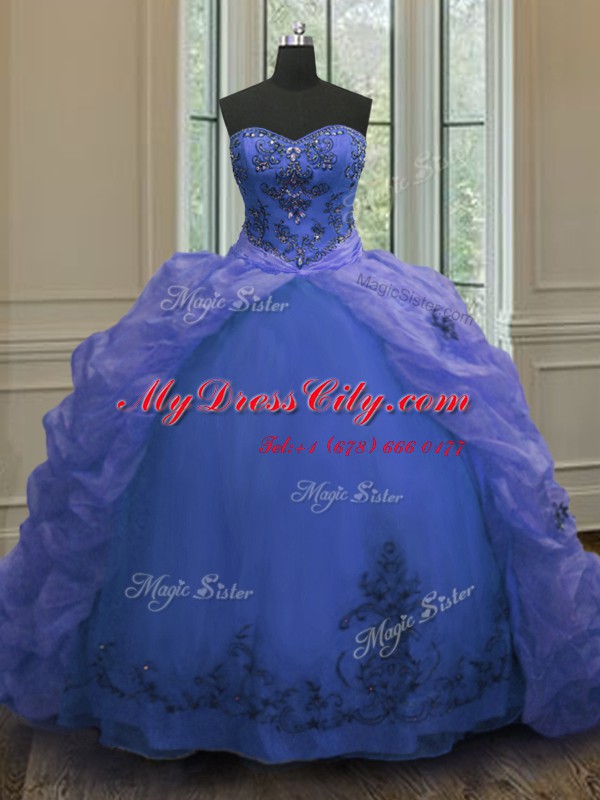 Customized Blue Sweetheart Lace Up Beading and Appliques and Pick Ups Quinceanera Dress Court Train Sleeveless