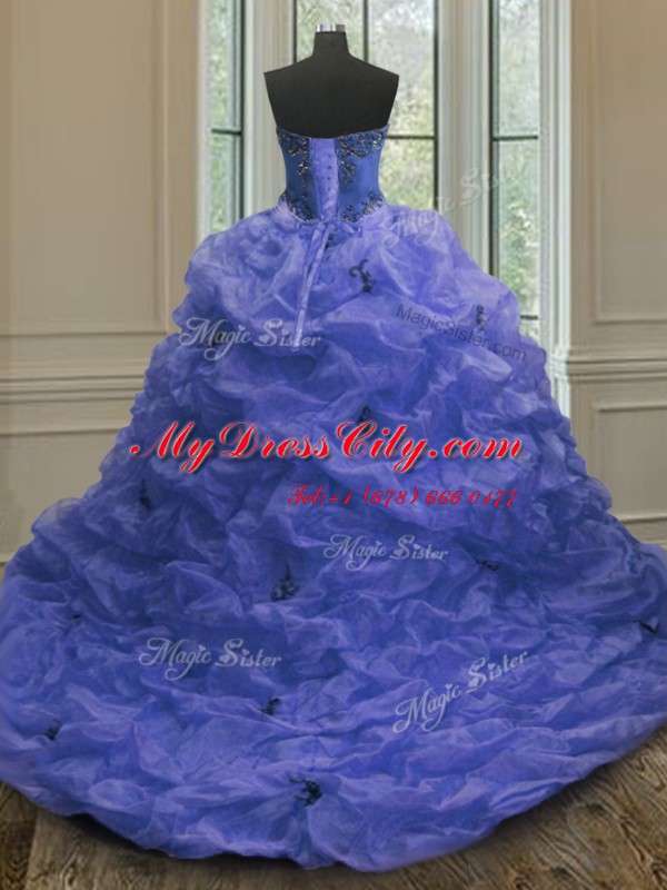 Customized Blue Sweetheart Lace Up Beading and Appliques and Pick Ups Quinceanera Dress Court Train Sleeveless