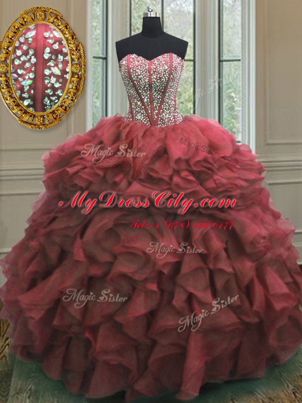 Low Price Sweetheart Sleeveless Quinceanera Gowns Floor Length Beading and Ruffles Pink Organza