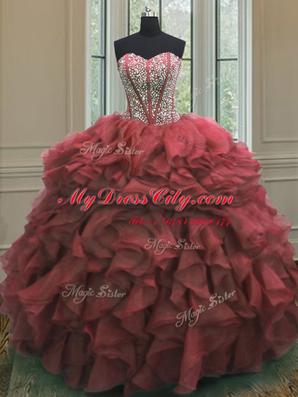 Low Price Sweetheart Sleeveless Quinceanera Gowns Floor Length Beading and Ruffles Pink Organza