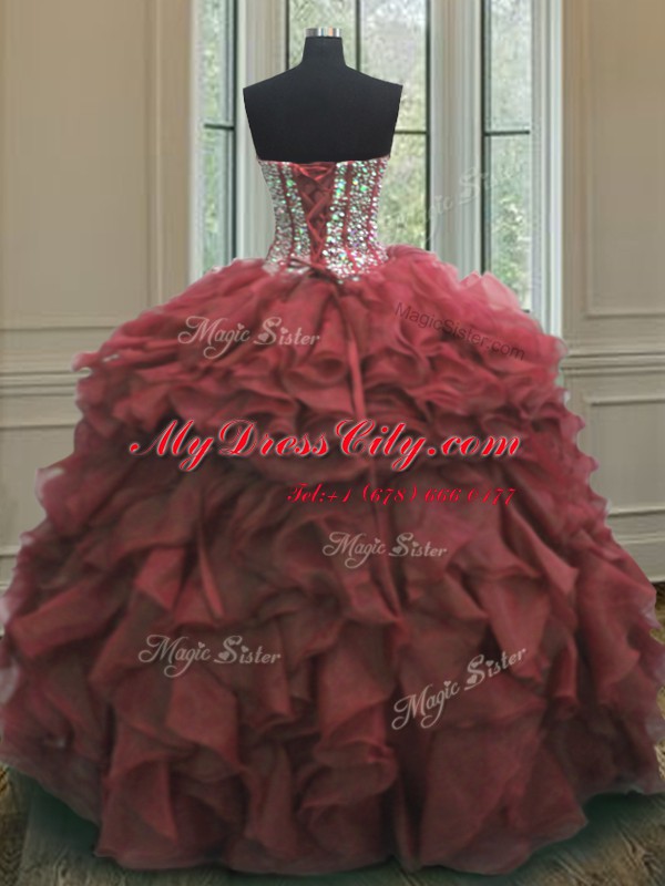 Low Price Sweetheart Sleeveless Quinceanera Gowns Floor Length Beading and Ruffles Pink Organza