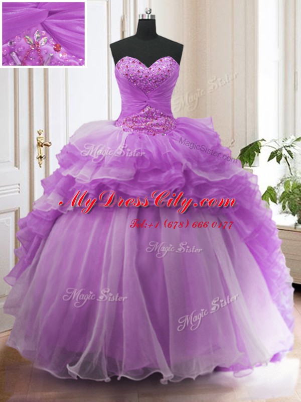 Affordable Purple Ball Gowns Sweetheart Sleeveless Organza Sweep Train Lace Up Beading and Ruffled Layers Sweet 16 Quinceanera Dress