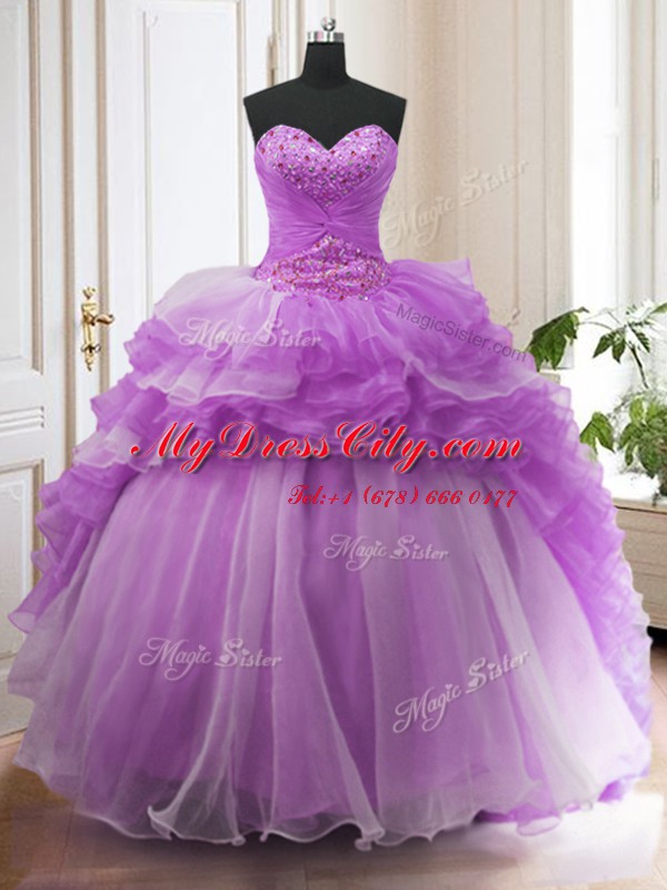 Affordable Purple Ball Gowns Sweetheart Sleeveless Organza Sweep Train Lace Up Beading and Ruffled Layers Sweet 16 Quinceanera Dress