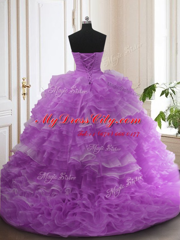 Affordable Purple Ball Gowns Sweetheart Sleeveless Organza Sweep Train Lace Up Beading and Ruffled Layers Sweet 16 Quinceanera Dress