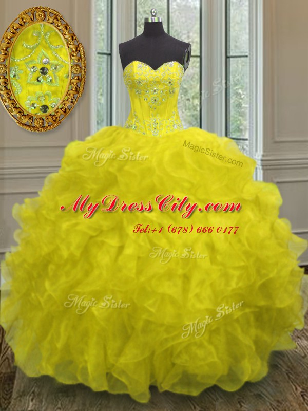 Beading and Embroidery and Ruffles Ball Gown Prom Dress Yellow Lace Up Sleeveless Floor Length