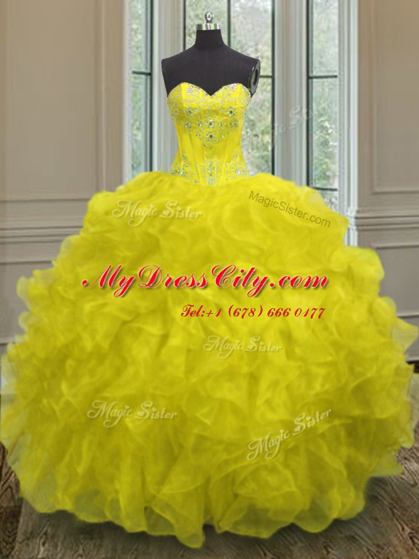 Beading and Embroidery and Ruffles Ball Gown Prom Dress Yellow Lace Up Sleeveless Floor Length