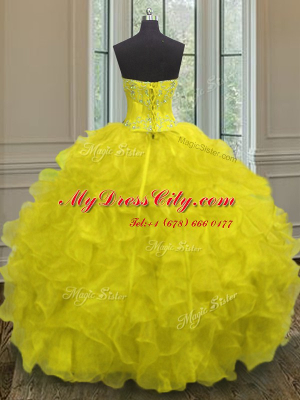 Beading and Embroidery and Ruffles Ball Gown Prom Dress Yellow Lace Up Sleeveless Floor Length