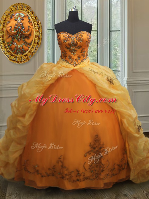 Enchanting Orange Vestidos de Quinceanera Military Ball and Sweet 16 and Quinceanera and For with Beading and Appliques and Pick Ups Sweetheart Sleeveless Court Train Lace Up