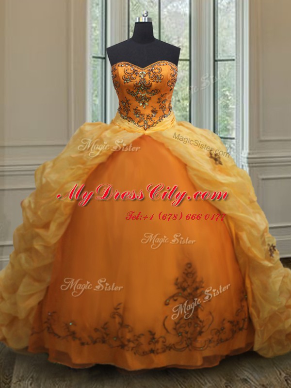 Enchanting Orange Vestidos de Quinceanera Military Ball and Sweet 16 and Quinceanera and For with Beading and Appliques and Pick Ups Sweetheart Sleeveless Court Train Lace Up