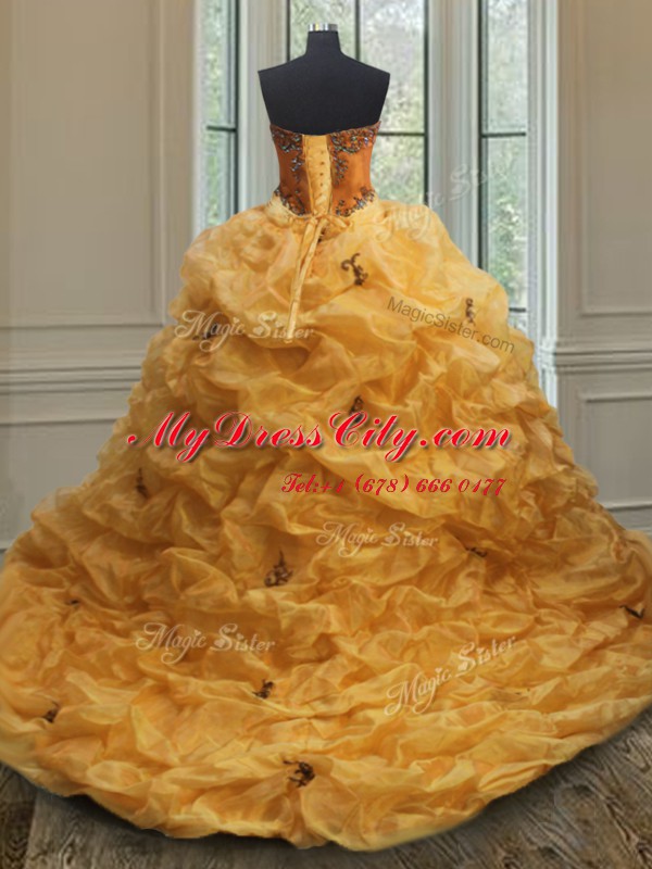 Enchanting Orange Vestidos de Quinceanera Military Ball and Sweet 16 and Quinceanera and For with Beading and Appliques and Pick Ups Sweetheart Sleeveless Court Train Lace Up