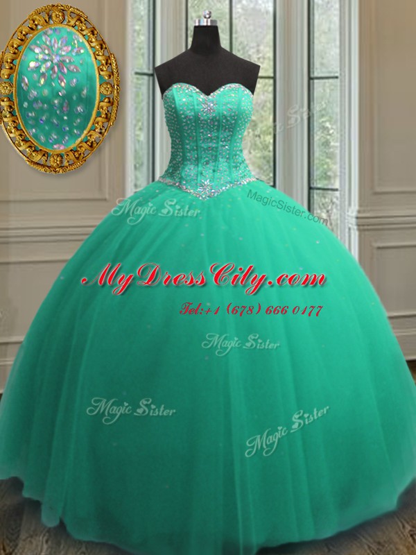 Turquoise Ball Gowns Beading and Sequins Quinceanera Gown Lace Up Tulle Sleeveless Floor Length