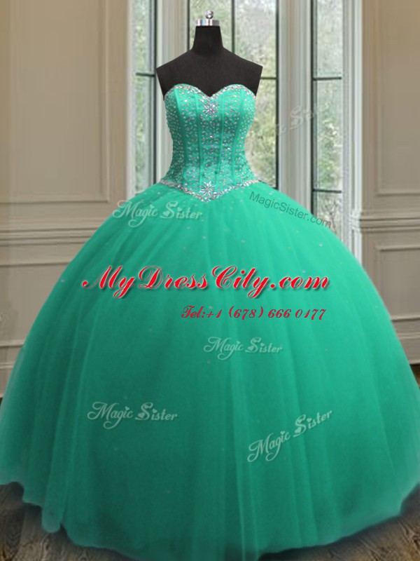 Turquoise Ball Gowns Beading and Sequins Quinceanera Gown Lace Up Tulle Sleeveless Floor Length