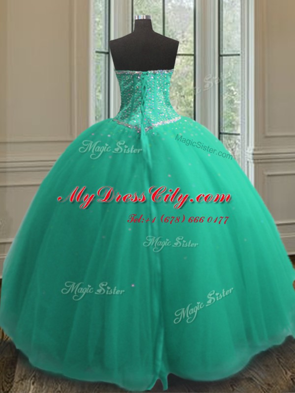 Turquoise Ball Gowns Beading and Sequins Quinceanera Gown Lace Up Tulle Sleeveless Floor Length