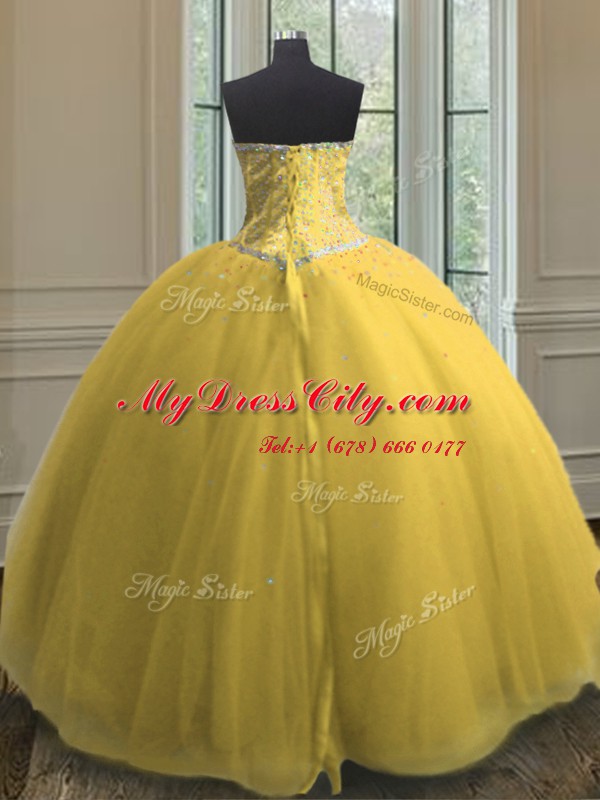 Custom Designed Gold Sleeveless Floor Length Beading and Sequins Lace Up Vestidos de Quinceanera