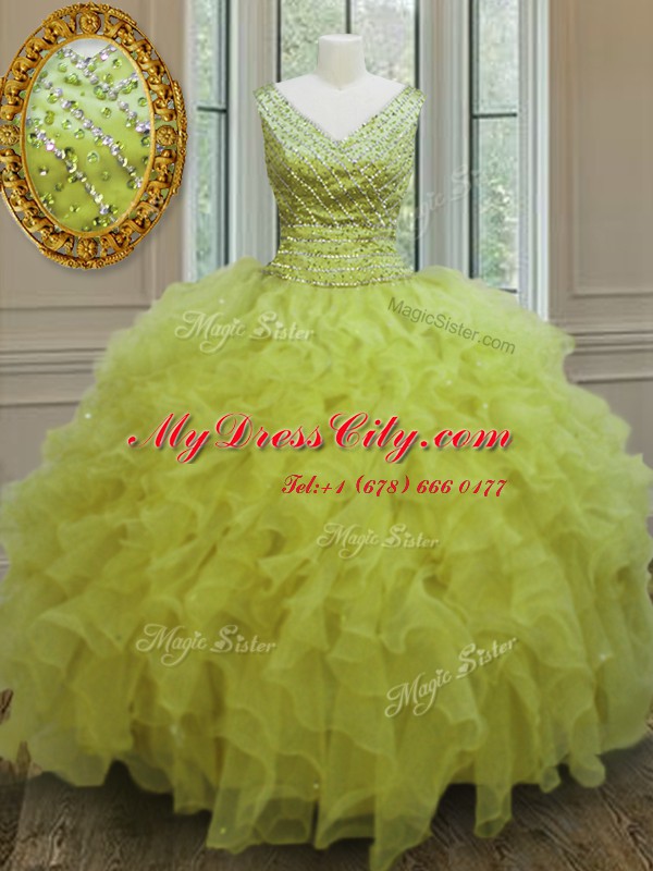 Clearance Sleeveless Organza Floor Length Zipper Ball Gown Prom Dress in Yellow Green with Beading and Ruffles