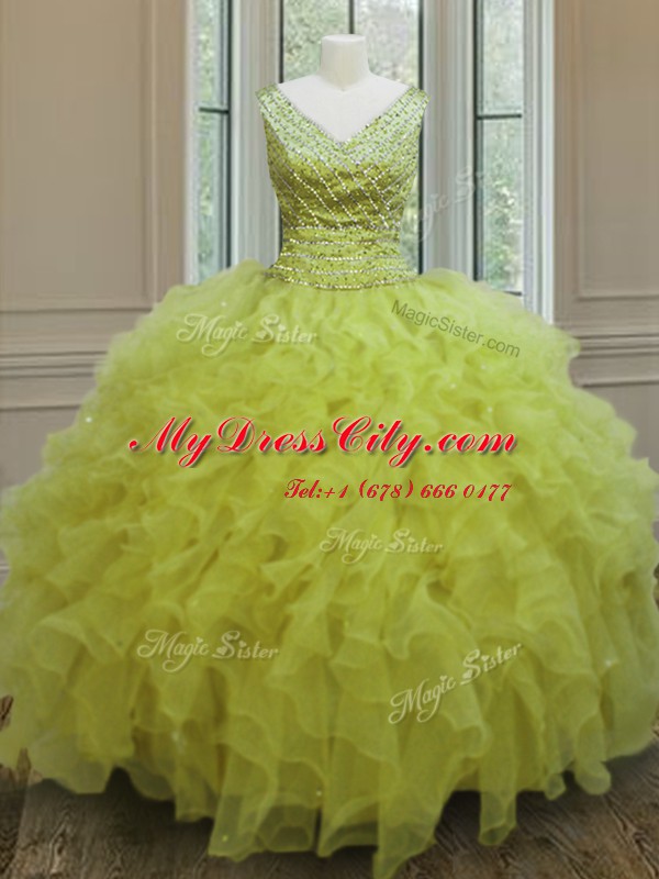 Clearance Sleeveless Organza Floor Length Zipper Ball Gown Prom Dress in Yellow Green with Beading and Ruffles