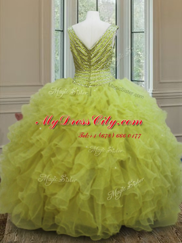 Clearance Sleeveless Organza Floor Length Zipper Ball Gown Prom Dress in Yellow Green with Beading and Ruffles