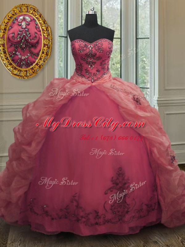 Low Price Sleeveless Organza With Train Court Train Lace Up Sweet 16 Dresses in Pink with Beading and Appliques and Pick Ups