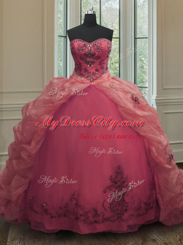 Low Price Sleeveless Organza With Train Court Train Lace Up Sweet 16 Dresses in Pink with Beading and Appliques and Pick Ups