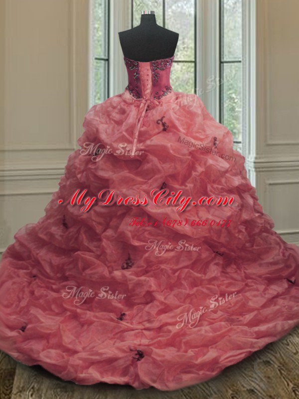 Low Price Sleeveless Organza With Train Court Train Lace Up Sweet 16 Dresses in Pink with Beading and Appliques and Pick Ups