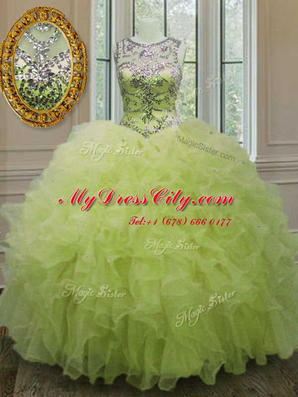 Flirting Scoop Floor Length Yellow Green 15th Birthday Dress Organza Sleeveless Beading and Ruffles