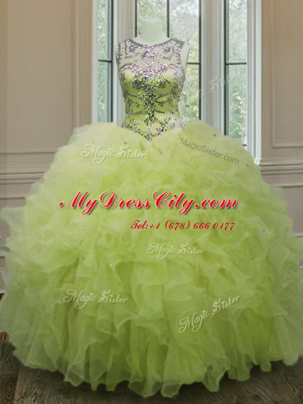 Flirting Scoop Floor Length Yellow Green 15th Birthday Dress Organza Sleeveless Beading and Ruffles