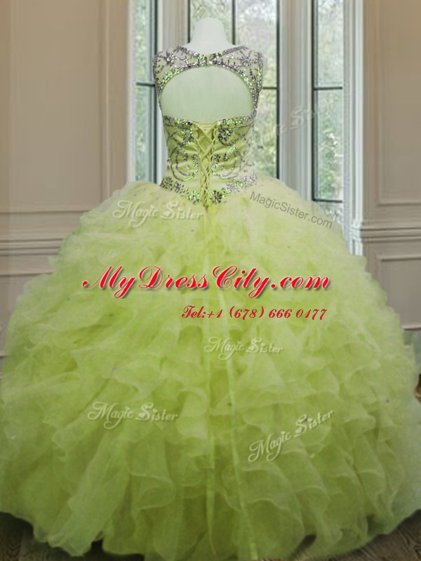 Flirting Scoop Floor Length Yellow Green 15th Birthday Dress Organza Sleeveless Beading and Ruffles