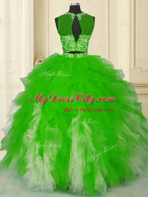 Scoop Tulle Sleeveless Floor Length Quinceanera Gown and Beading and Ruffles