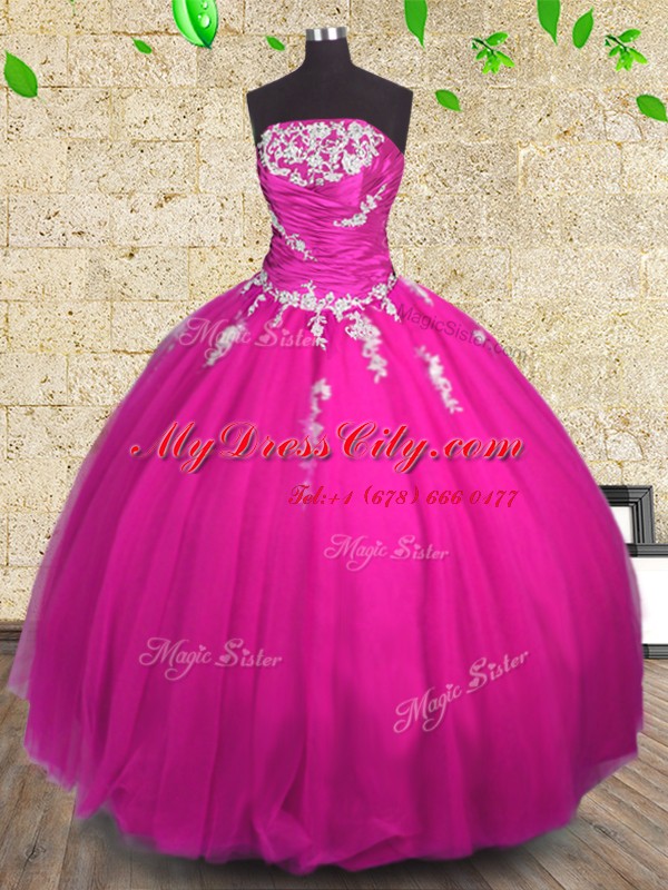 New Style Fuchsia Ball Gowns Tulle Strapless Sleeveless Appliques and Ruching Floor Length Lace Up 15 Quinceanera Dress