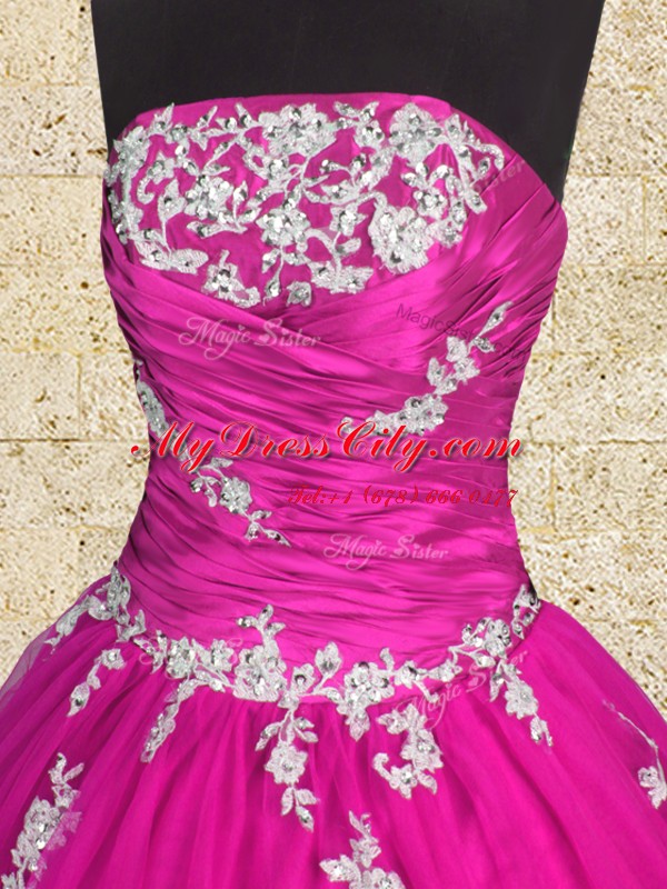 New Style Fuchsia Ball Gowns Tulle Strapless Sleeveless Appliques and Ruching Floor Length Lace Up 15 Quinceanera Dress