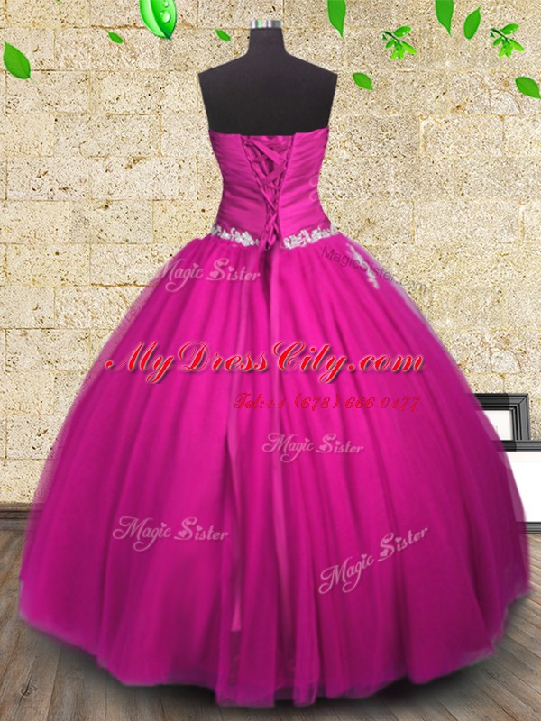 New Style Fuchsia Ball Gowns Tulle Strapless Sleeveless Appliques and Ruching Floor Length Lace Up 15 Quinceanera Dress