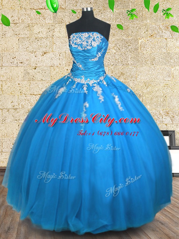 Sexy Blue Tulle Lace Up Quinceanera Dress Sleeveless Floor Length Appliques and Ruching