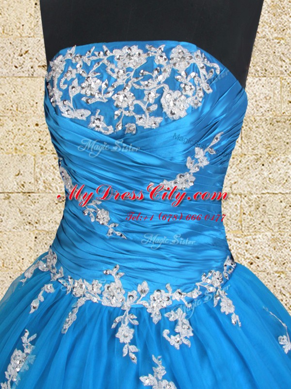 Sexy Blue Tulle Lace Up Quinceanera Dress Sleeveless Floor Length Appliques and Ruching