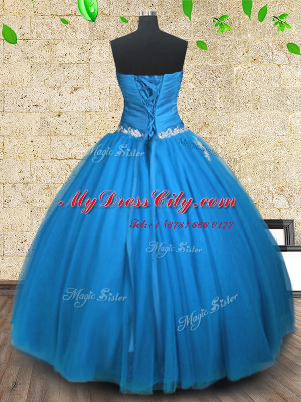 Sexy Blue Tulle Lace Up Quinceanera Dress Sleeveless Floor Length Appliques and Ruching