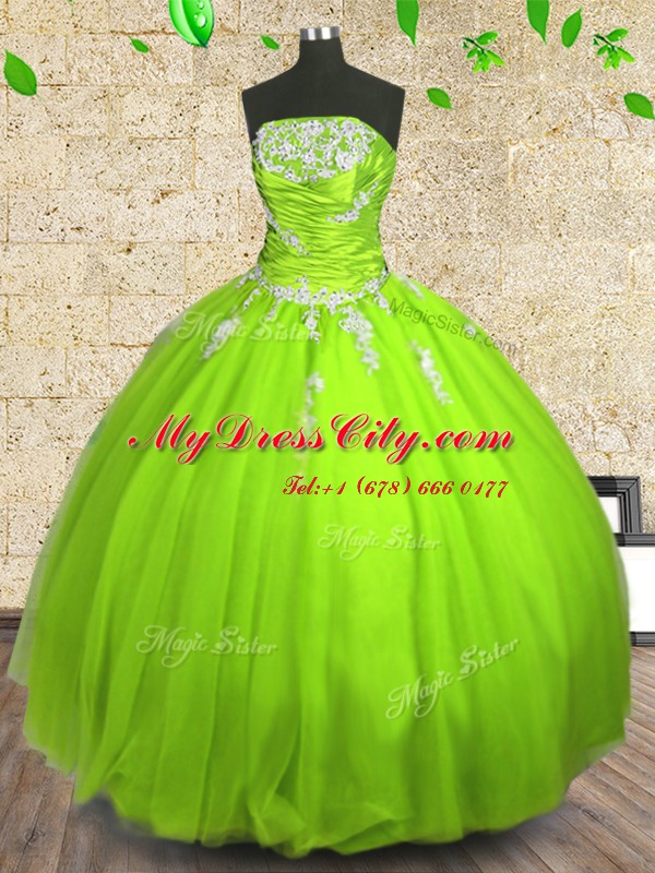 Wonderful Strapless Zipper Appliques and Ruching Ball Gown Prom Dress Sleeveless