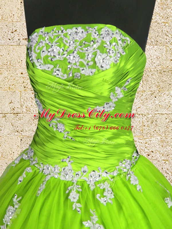 Wonderful Strapless Zipper Appliques and Ruching Ball Gown Prom Dress Sleeveless