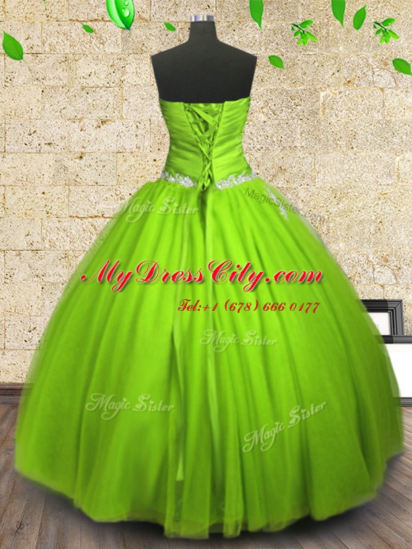 Wonderful Strapless Zipper Appliques and Ruching Ball Gown Prom Dress Sleeveless