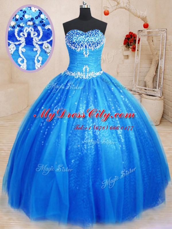 Dazzling Floor Length Royal Blue Ball Gown Prom Dress Tulle and Sequined Sleeveless Beading and Appliques