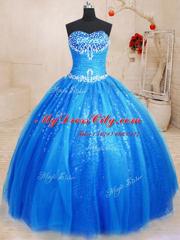 Dazzling Floor Length Royal Blue Ball Gown Prom Dress Tulle and Sequined Sleeveless Beading and Appliques